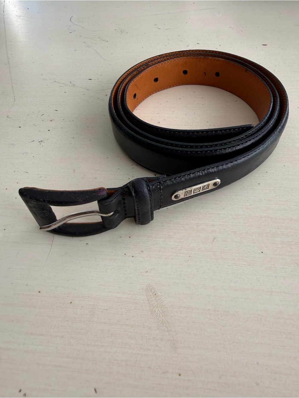 Black Leather Belt with Tan Interior and Silver-Tone Accent